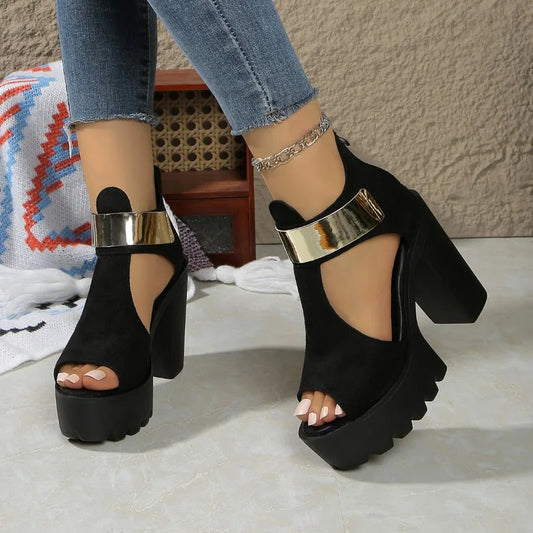 Women Classic High Heel Sandals Fashion New Round Toe Suede Open Toe Cutout Platform Rear Zipper Non-Slip Block Heel Shoes