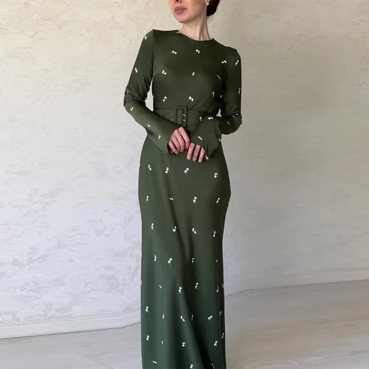 Floral Print Dresses Women Autumn Winter Long Sleeve Green Maxi Dress With Belt Female Elegant Vintage Casual Loose Long Dresses