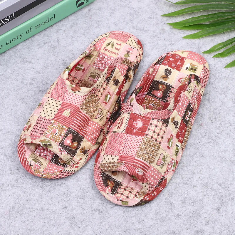 Women's indoor slippers, spring and autumn soft cotton slippers, women's retro floral home bedroom slippers