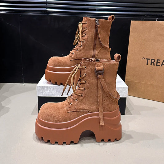 Ankle Boots For Women New 2025 Winter Motorcycle Boots 9CM Wedge Heels High Platform Shoes Woman Autumn Thick Sole Punk Boots