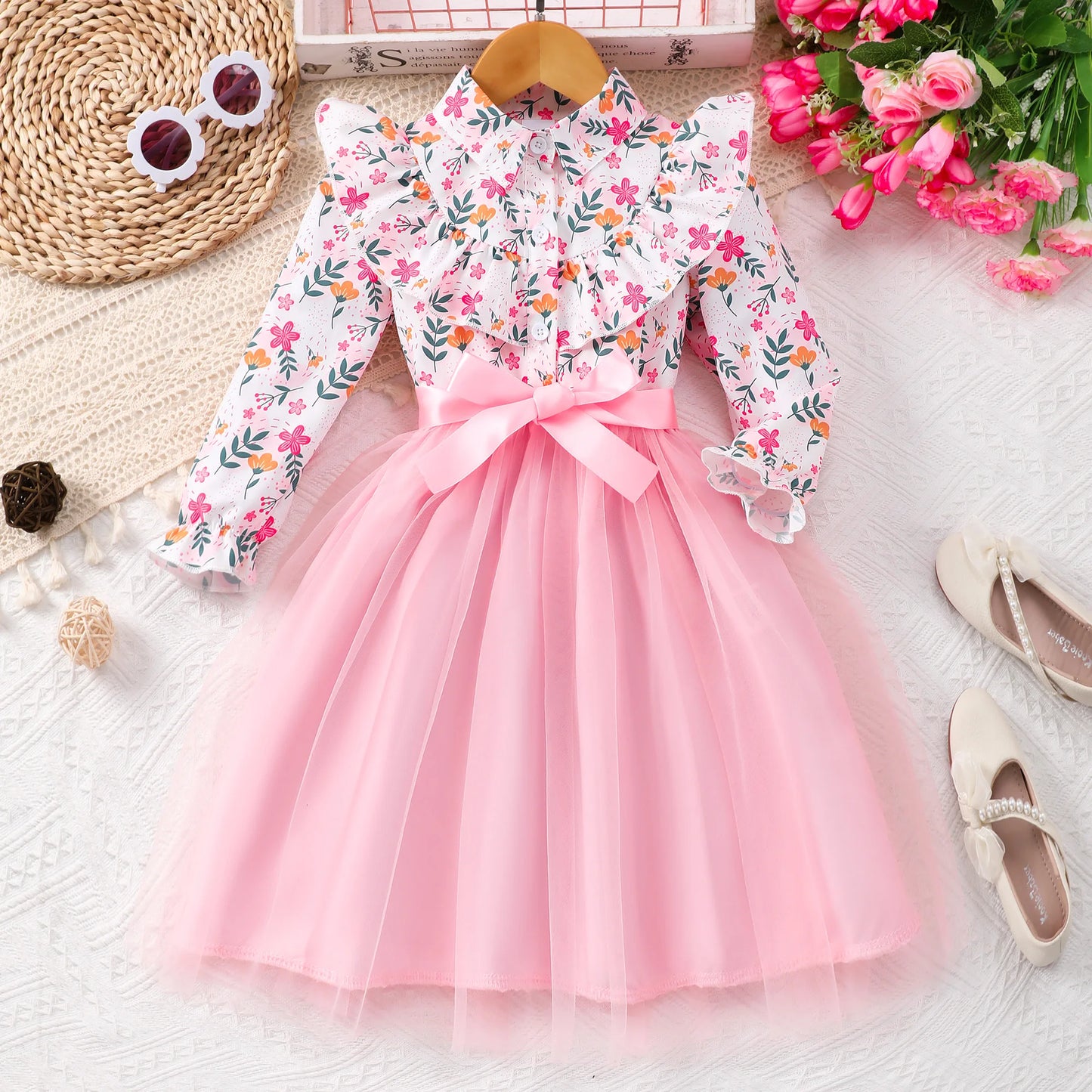 Long Sleeve Mesh Girls Stylish & Cute Ruffle Button Up Belted Dress for Fall & Winter Holiday, Outdoor Cloth with Floral Pattern