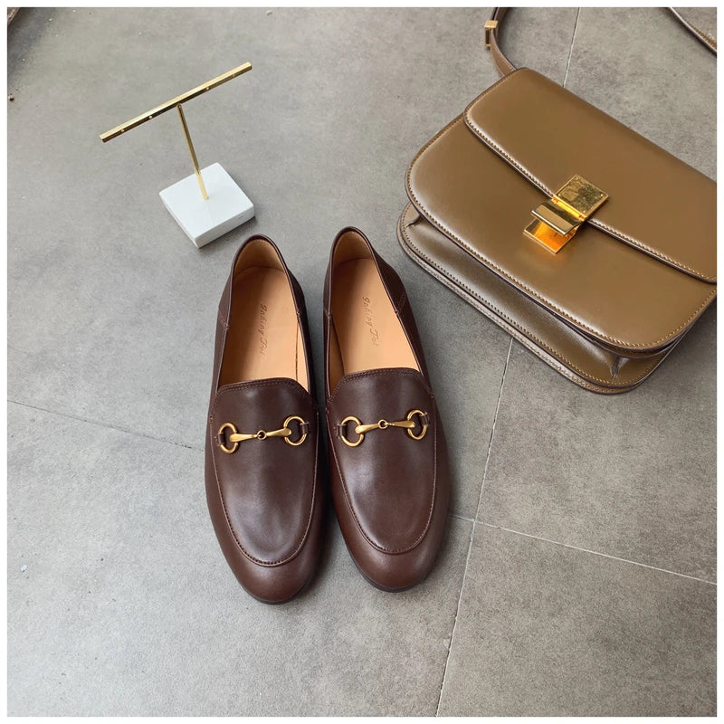 Solid Metal Buckle Loafers Spring Round Head Women Flats Outdooor Cover Heel Shoes Soft Sole Slip on Zapatos Mujer