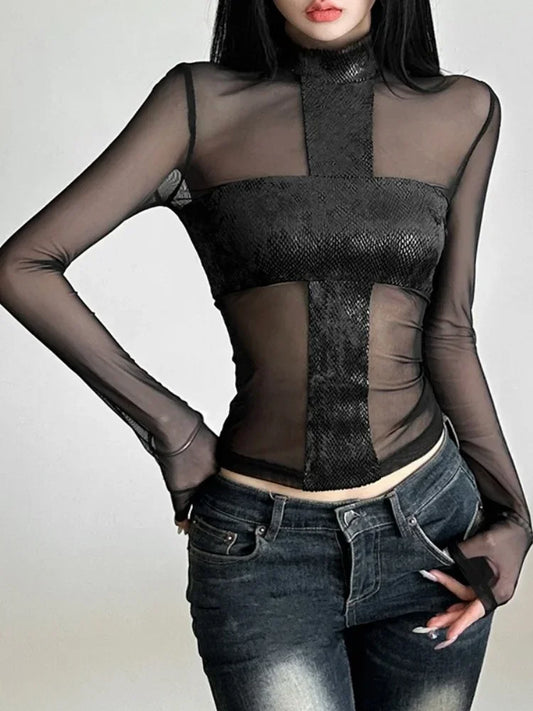 Long Sleeve Mesh T Shirts For Women Edgy Clothes Y2k Accessories Black Crop Top See Through Camisetas Skinny Sexy Ropa De Mujer