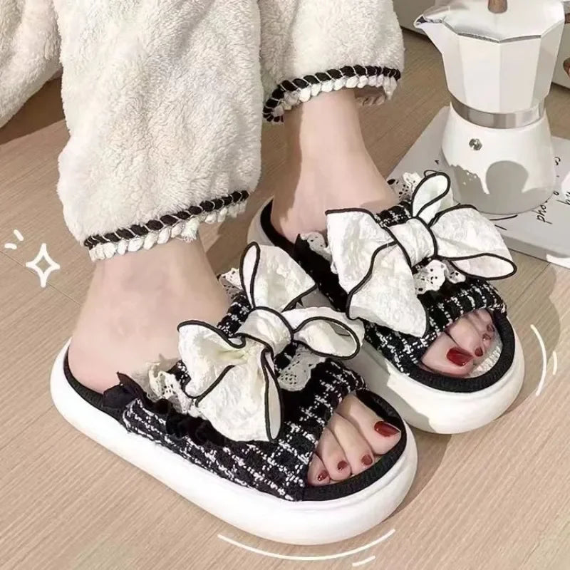 Summer Women's Linen Slippers Indoor Home Non-slip Shoes Cute Platform Sandals Fashionable Black Bow Shoes Soft and Comfortable
