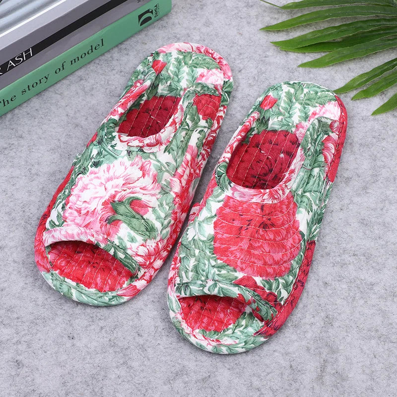 Women's indoor slippers, spring and autumn soft cotton slippers, women's retro floral home bedroom slippers