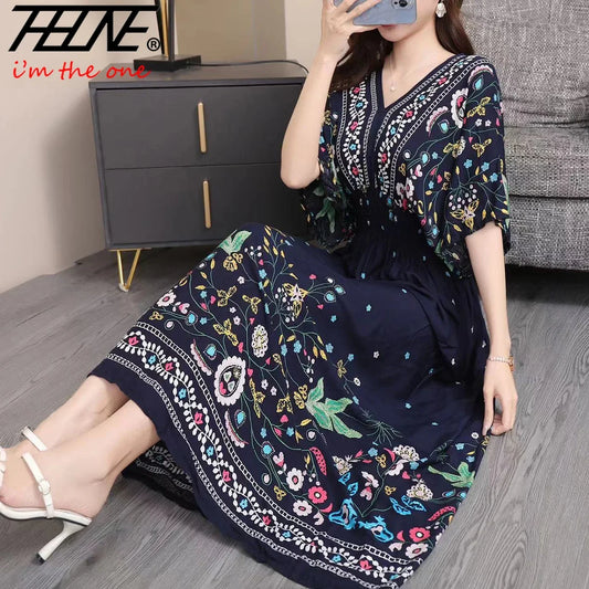 THHONE Vestidos De Mujer Casuales Dress Women Maxi Long Boho New Vacation Indian Robe Femmes Casual Floral V Neck Elastic Cotton