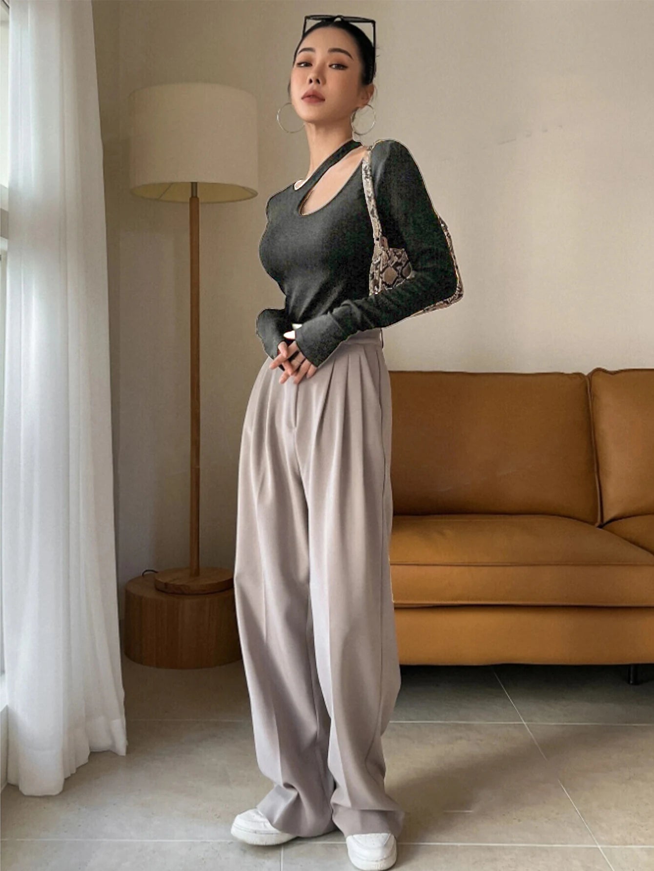 Women's Snake Skin Print Curved Hem Tee, Casual Long Sleeve T-shirt for Spring & Fall, Women's Top for Daily Wear