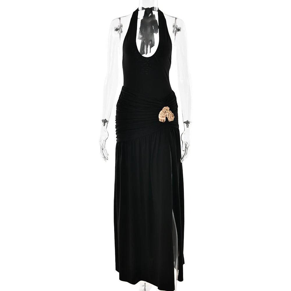 Women's Evening Maxi Dress Set U-Neck Tie Tank Bodysuit Backless Metal Buckle Ruched Sexy Split Slim Beach Partywear
