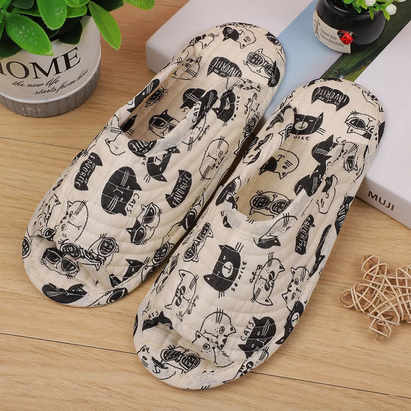 Women's indoor slippers, spring and autumn soft cotton slippers, women's retro floral home bedroom slippers