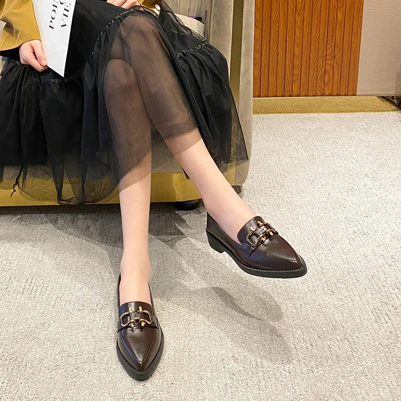 Pointed Toe Womens Loafers Shoes Metal Chain Platform Casual Female Sneakers Oxfords Slip-on Buckle Creepers On Heels Leat