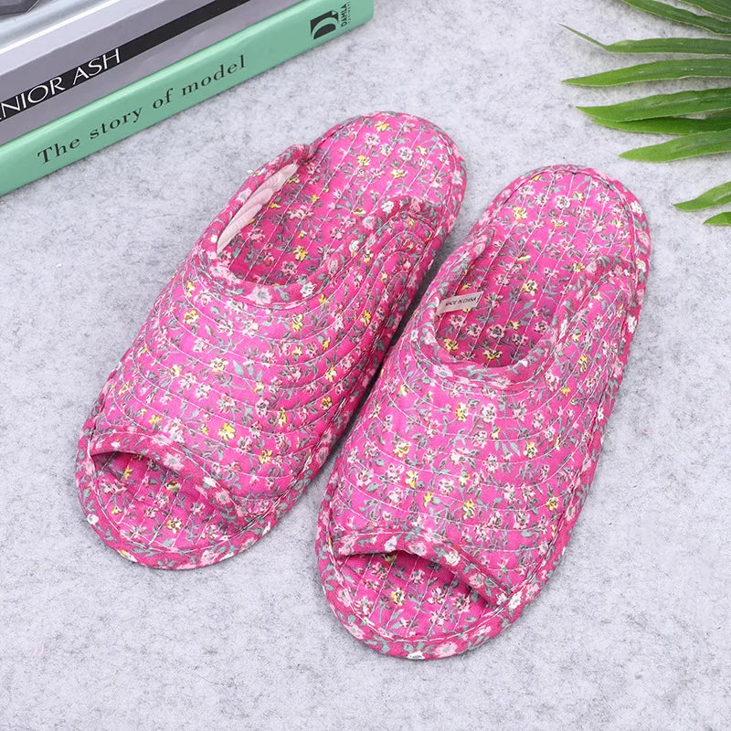 Women's indoor slippers, spring and autumn soft cotton slippers, women's retro floral home bedroom slippers