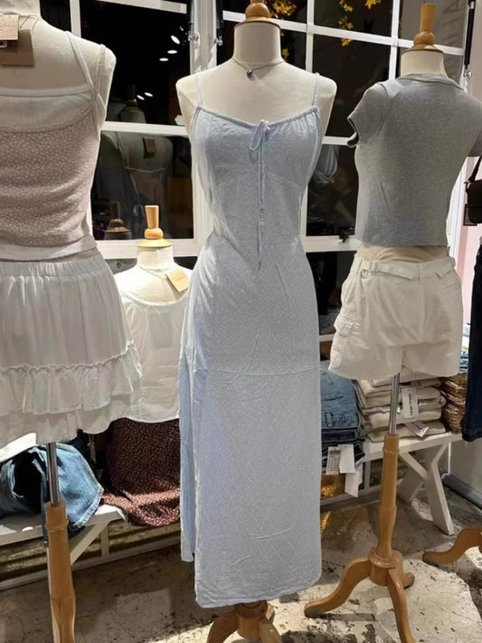 Floral Print Lace-up Maxi Dress Women Summer Blue Sleeveless A-line Long Dresses Female Casual Vintage Sweet Cute Vestidos New