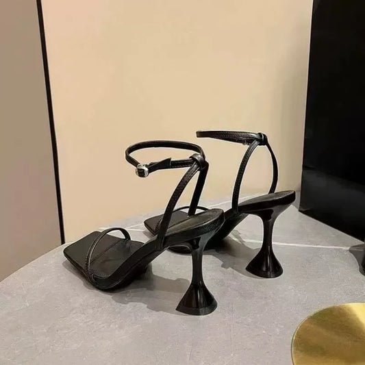 Women's high heel sandals 2025 new summer square head black sexy ankle narrow strap buckle stiletto heels zapatos