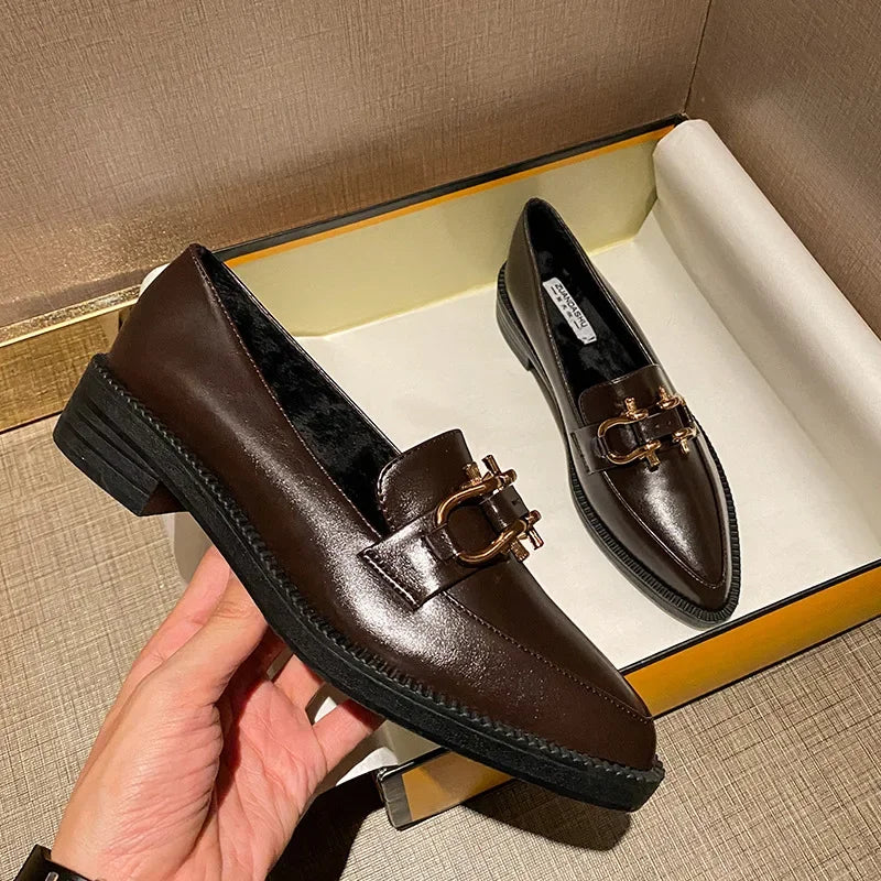 Pointed Toe Womens Loafers Shoes Metal Chain Platform Casual Female Sneakers Oxfords Slip-on Buckle Creepers On Heels Leat