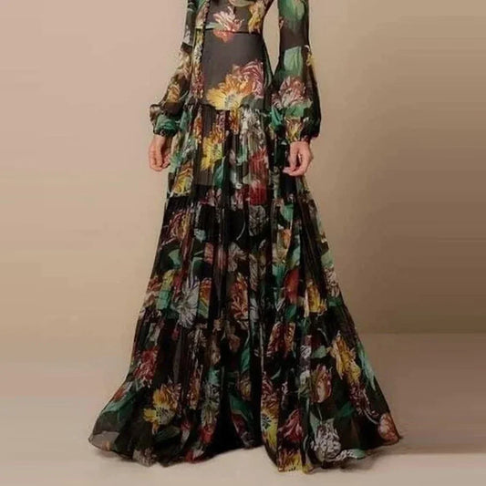 Elegant Floral Printed Slim Women's Dress Puff Long Sleeves Halter Neck Pleated 2025 Maxi Dresses Female Fishtail Evening Robes