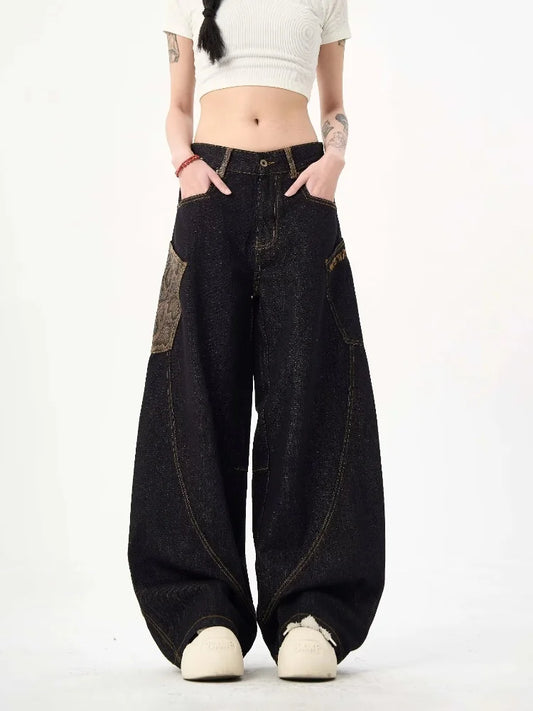 2025 Cyber Y2K Streetwear Snake Patchwork Black Baggy Stacked Cargo Jeans Pants For Women Clothes Lady Denim Trousers Ropa Mujer
