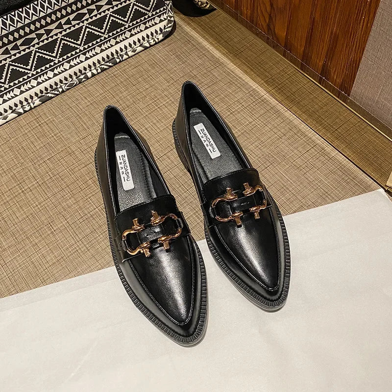 Pointed Toe Womens Loafers Shoes Metal Chain Platform Casual Female Sneakers Oxfords Slip-on Buckle Creepers On Heels Leat