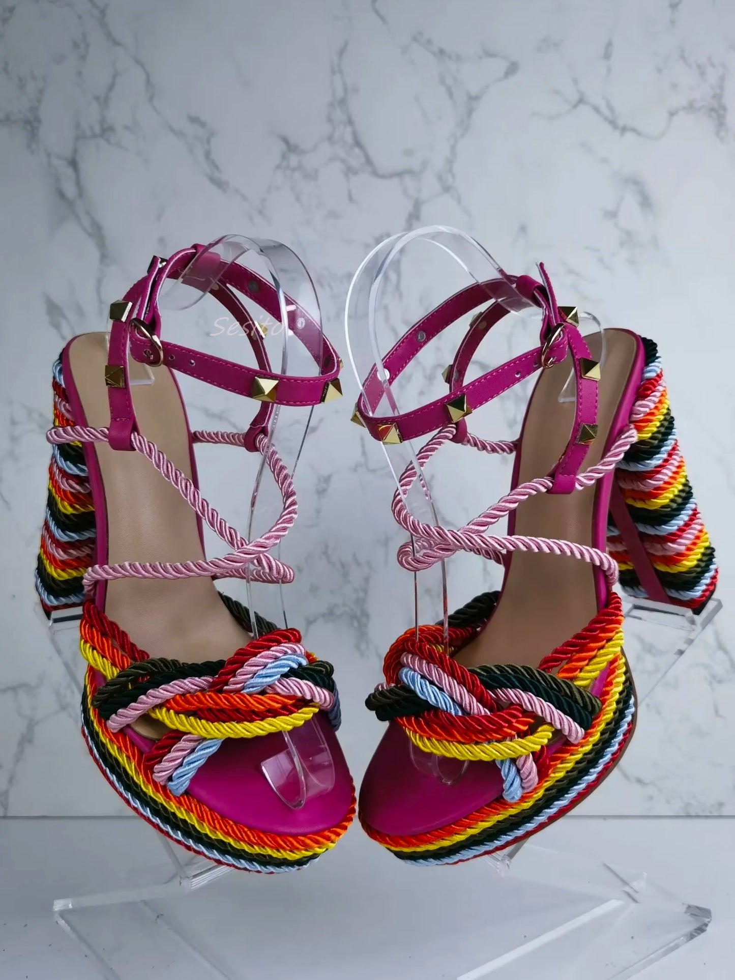 Colorful Rope Platform Sandals Block High Heels Open Toe Ankle Lace Up Fashion Women Summer Dress Party Daily Shoes Rubber Sole
