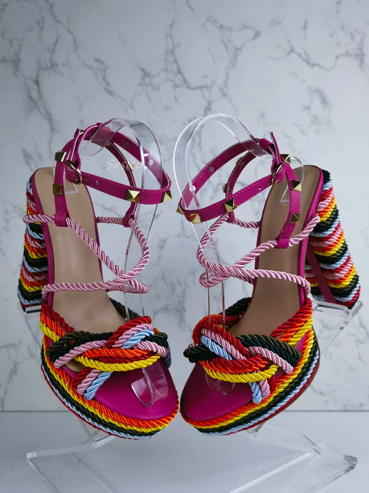 Colorful Rope Platform Sandals Block High Heels Open Toe Ankle Lace Up Fashion Women Summer Dress Party Daily Shoes Rubber Sole