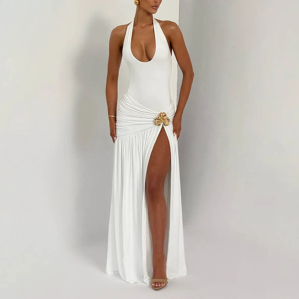 Women's Evening Maxi Dress Set U-Neck Tie Tank Bodysuit Backless Metal Buckle Ruched Sexy Split Slim Beach Partywear