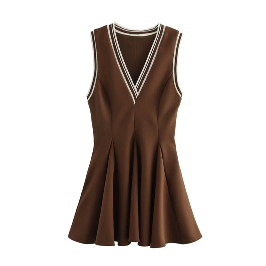 Women Brown Striped Short Dresses Elegant Sleeveless Pleated Casual Party Mini Beach Womens Dresses Woman Clothing
