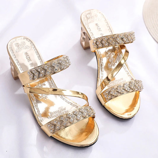 Summer New Women's Sandals Block Heels Female High Heels Rhinestones Luxury Party Shoes Slip on Women Slippers Open Toe Zapatos