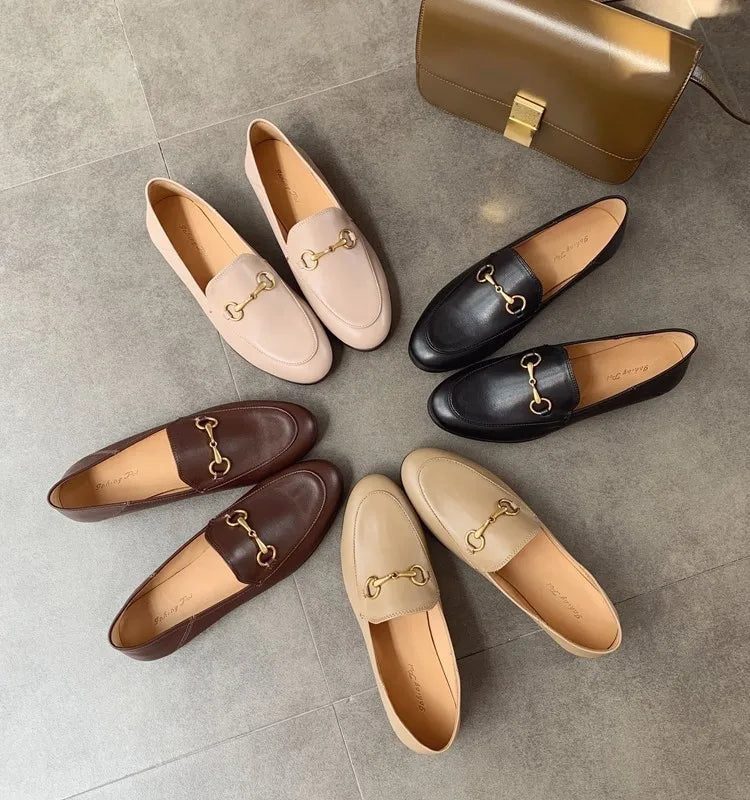 Solid Metal Buckle Loafers Spring Round Head Women Flats Outdooor Cover Heel Shoes Soft Sole Slip on Zapatos Mujer