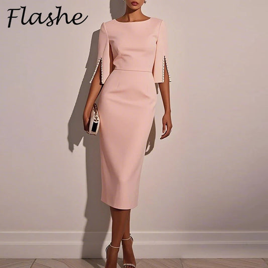 Elegant Women Midi Dress O Neck Half Sleeve Bead Design Party Bodycon Dress Women Fashion Summer Office Dresses Pink White Black