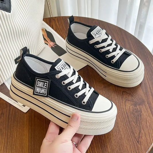Women Black White Canvas Shoes Platform Sneakers Lace Up Comfortable Shoes Fashion Outdoor Versatile Sport Vulcanize Shoes