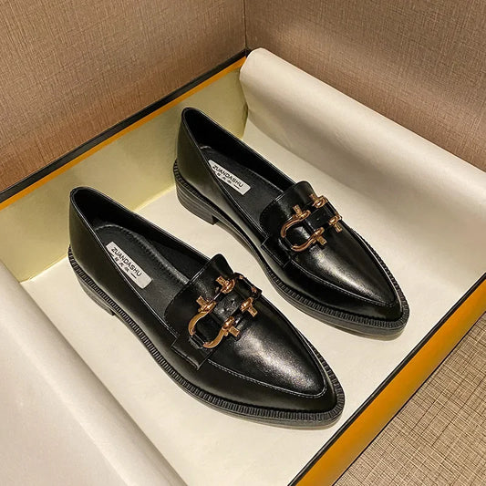 Pointed Toe Womens Loafers Shoes Metal Chain Platform Casual Female Sneakers Oxfords Slip-on Buckle Creepers On Heels Leat