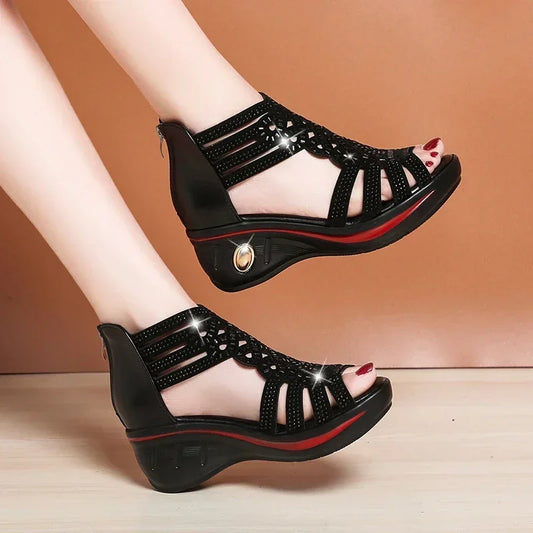 2025 New Fashion Wedge Sandals Women Summer Shoes Elegant Ladies Rome Hollow Out Sandals Female Sandalias Black Wedge Heels