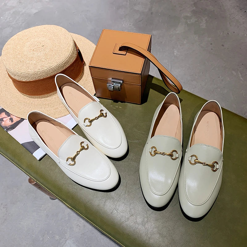 Solid Metal Buckle Loafers Spring Round Head Women Flats Outdooor Cover Heel Shoes Soft Sole Slip on Zapatos Mujer