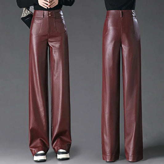 Black Red Leather Pants For Women Casual PU Leather Pants Women's Pants High-Waisted Straight Wide Leg Pants Autumn Winter