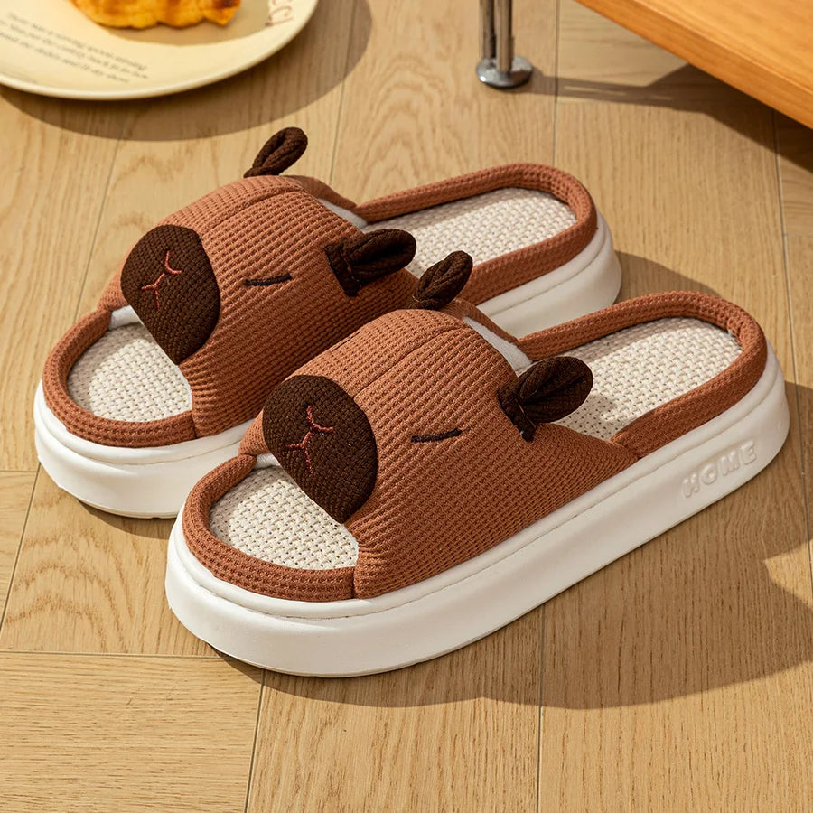 Women's Indoor Soft Home Slippers Summer Cute Capybara Cartoon Flax Thick Sole Anti-slip Bedroom Comfortable Fashion Shoes
