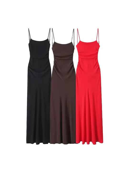 Draped Midi Dress for Women, Straight Neck, Thin Straps, Backless Female Dresses, Chic Fashion