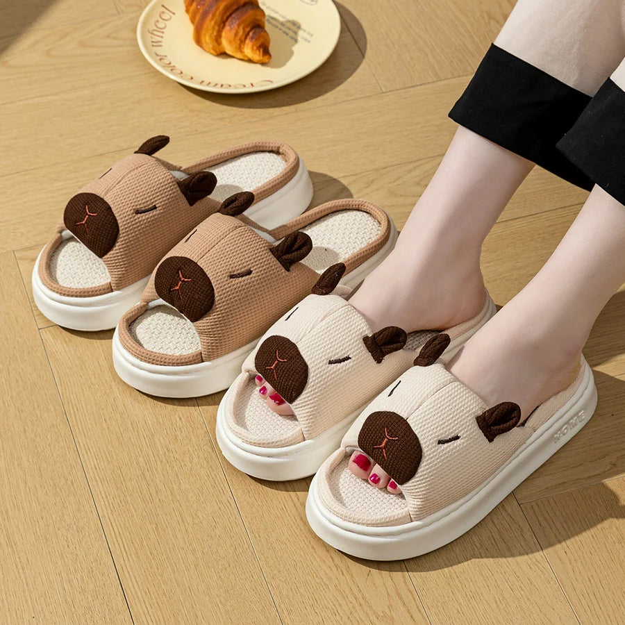 Women's Indoor Soft Home Slippers Summer Cute Capybara Cartoon Flax Thick Sole Anti-slip Bedroom Comfortable Fashion Shoes