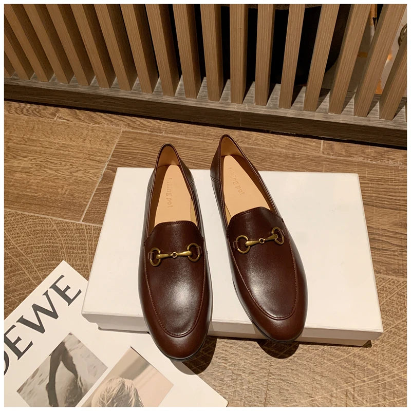 Solid Metal Buckle Loafers Spring Round Head Women Flats Outdooor Cover Heel Shoes Soft Sole Slip on Zapatos Mujer