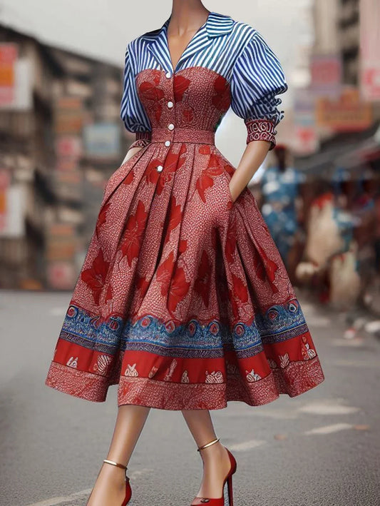 Elegant Bohemian Midi Dress for Women Fashionable Lapel Pleated Striped Floral Pattern Classic Ethnic Style Dress
