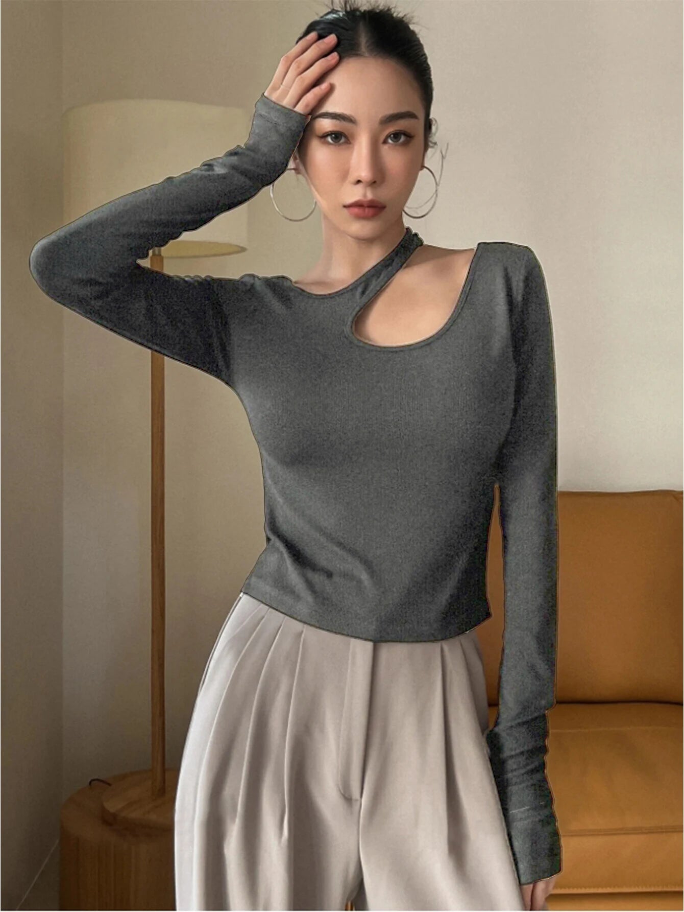 Women's Snake Skin Print Curved Hem Tee, Casual Long Sleeve T-shirt for Spring & Fall, Women's Top for Daily Wear