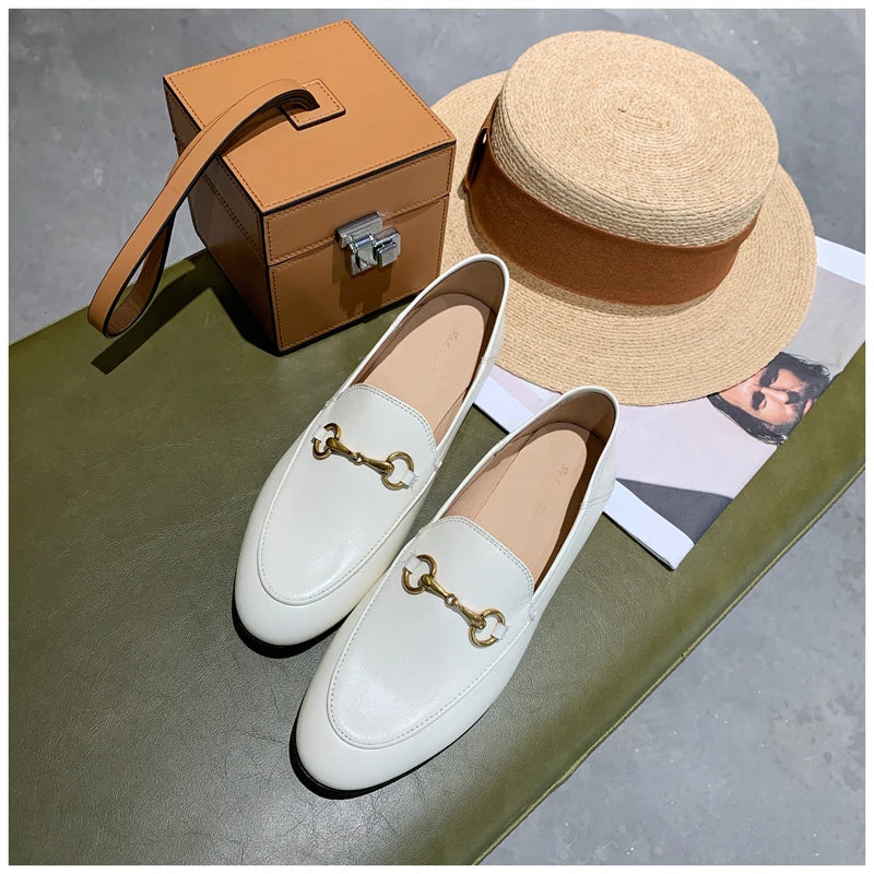 Solid Metal Buckle Loafers Spring Round Head Women Flats Outdooor Cover Heel Shoes Soft Sole Slip on Zapatos Mujer