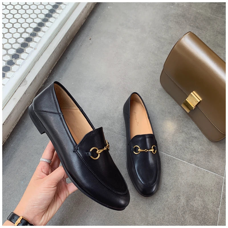 Solid Metal Buckle Loafers Spring Round Head Women Flats Outdooor Cover Heel Shoes Soft Sole Slip on Zapatos Mujer
