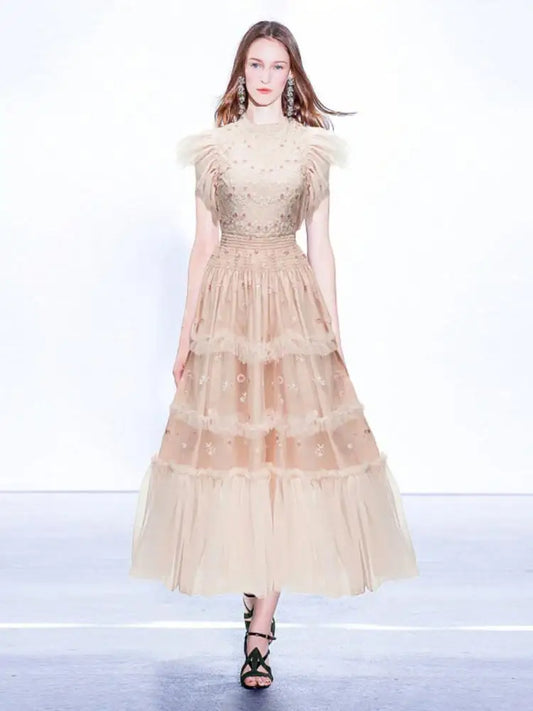 Embroidered Floral Flying Sleeve Lady Dress 2025 Summer O-Neck Elastic Waist Ruffles Mesh Women's Long Dresses