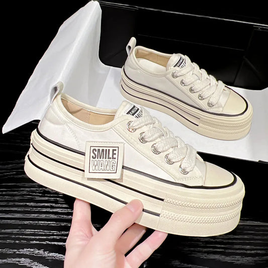 New Women Black White Platform Canvas Shoes Sneakers Lace Up Comfortable Shoes Fashion Outdoor Versatile Sport Vulcanize Shoes