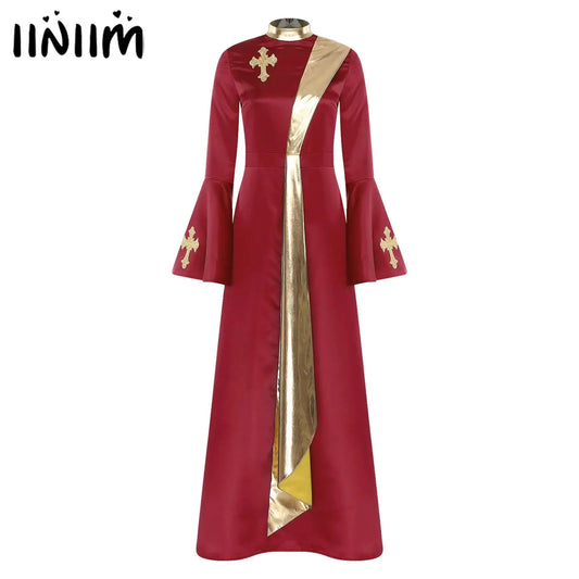 Womens Metallic Shiny Church Priest Clergy Robe Tunic Dress Long Sleeve with Flared Cuffs Cassock Halloween Cosplay Costume