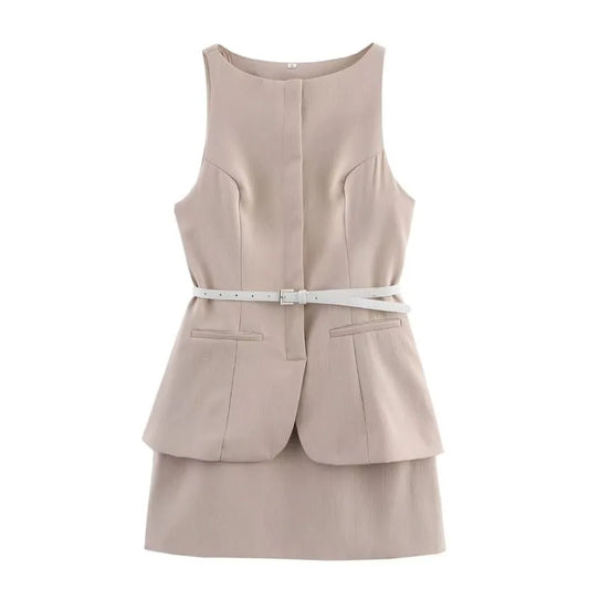 Elegant Midi Dress Beige Contrast Panels Sleeveless Work Dress with Belt 2025 Spring Summer Casual Chic Outfit