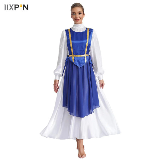 Women Liturgical Dance Choir Performance Costume Round Neck Sleeveless Lace-up Sides Split Satin Tunic Church Worship Dress Gown