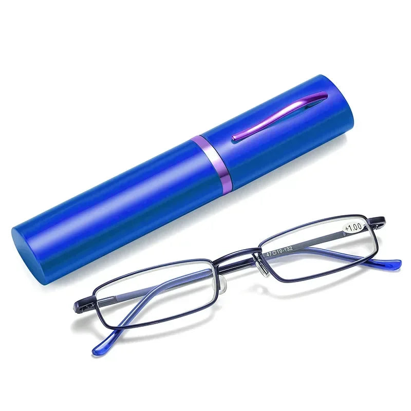 Reading Glasses Anti-blue Light for Men Women Metal Frame Portable HD Pen Holder Ultralight Glasses Eye Protection Goggles