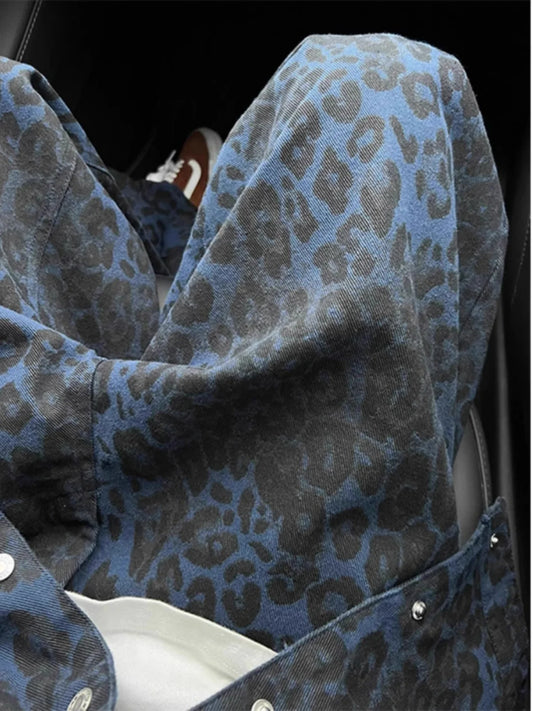 Retro American Leopard Print Men's Jeans High Street Design Sensation Spring Autumn Straight Knife  Flared Pants