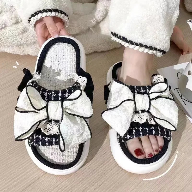 Summer Women's Linen Slippers Indoor Home Non-slip Shoes Cute Platform Sandals Fashionable Black Bow Shoes Soft and Comfortable