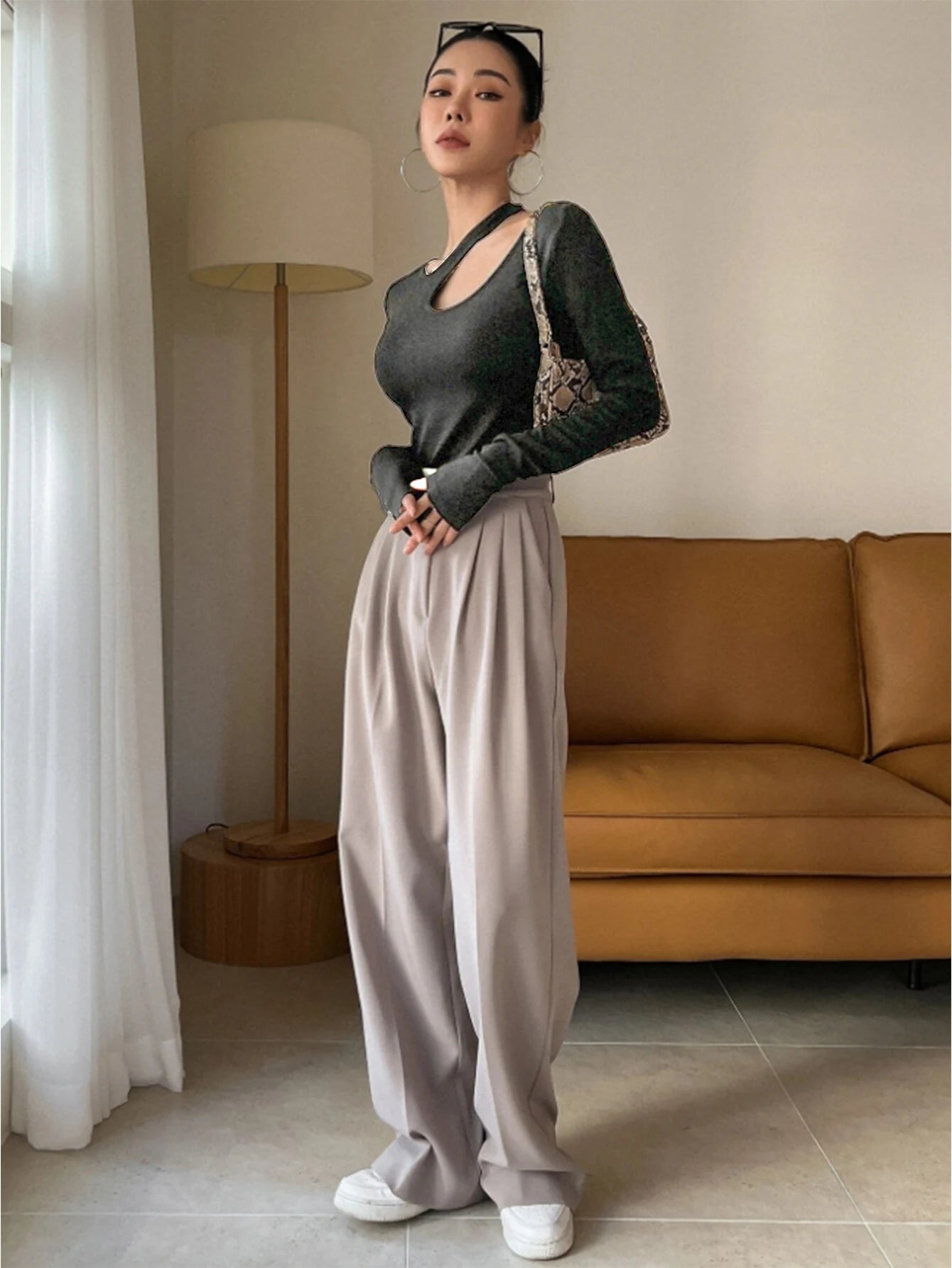 Women's Snake Skin Print Curved Hem Tee, Casual Long Sleeve T-shirt for Spring & Fall, Women's Top for Daily Wear